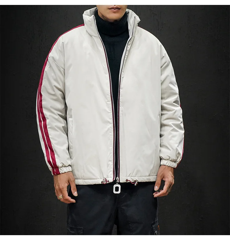 Winter New Style Men Casual Cotton-padded Jacket Trend Versitile Fashion Contrast Color Stripes Printed Stand Collar Cotton