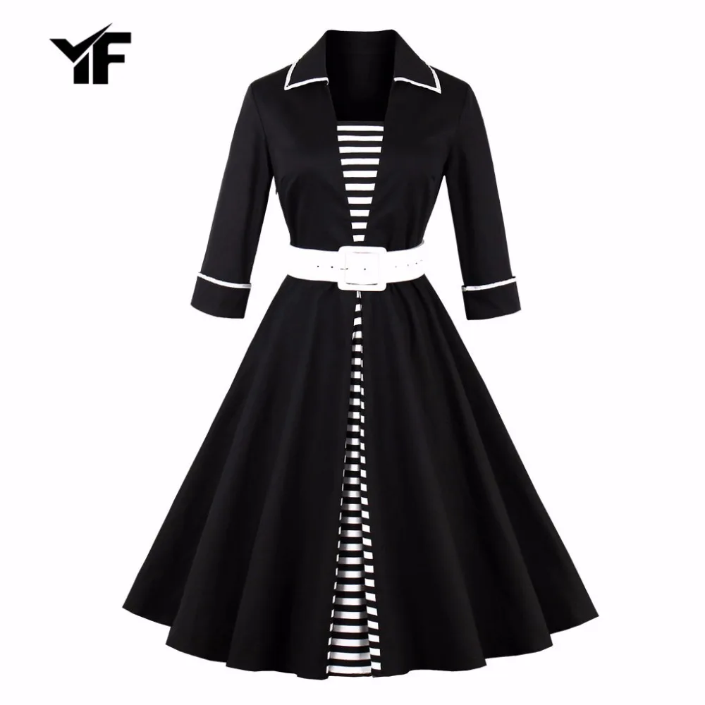 YF 2018 New Autumn Wome Vintage Dress Print Robe 50s Audrey hepburn Female Ball Gown Party Dresses Vestidos | Женская одежда