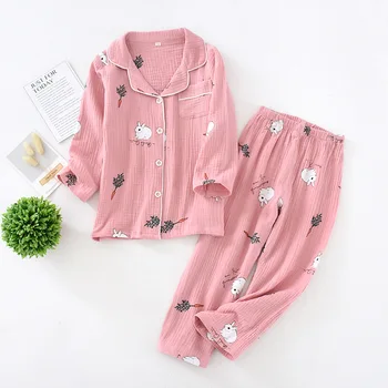 

Double Gauze 2020 New Casual Pajamas For Women Long Sleeeve Top+ Pants Femme Homewear Cardigan Comfort And Breathable Sleepwear