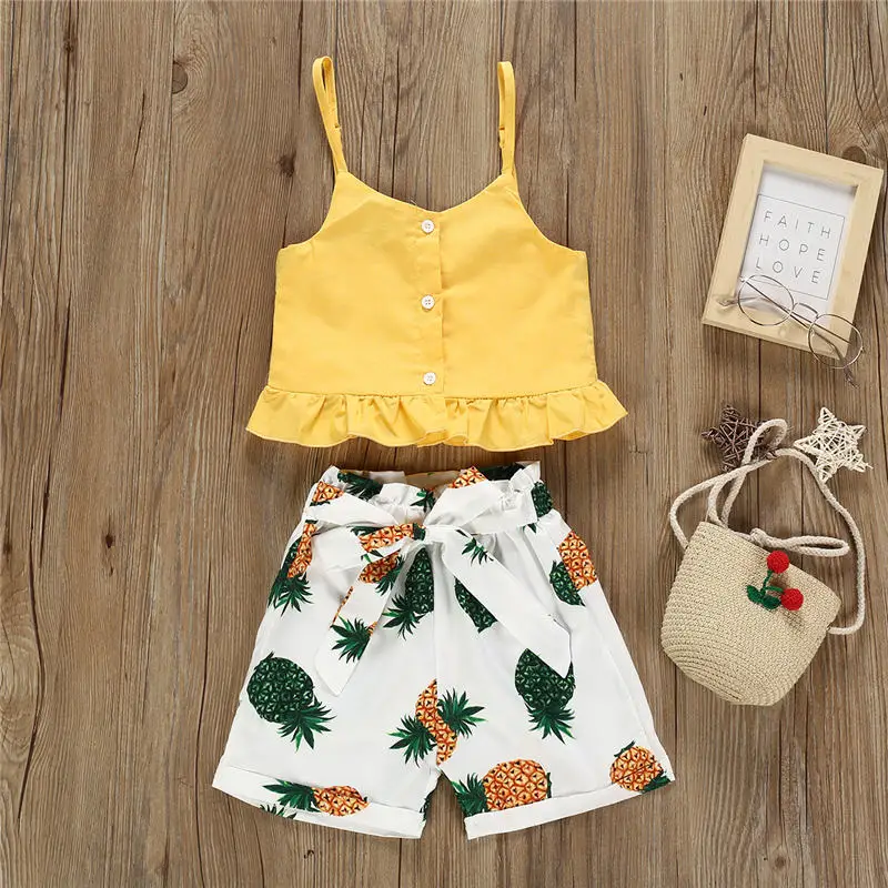 summer children girl cloth set yellow vest pineapple short pant 2pcs suit (10)