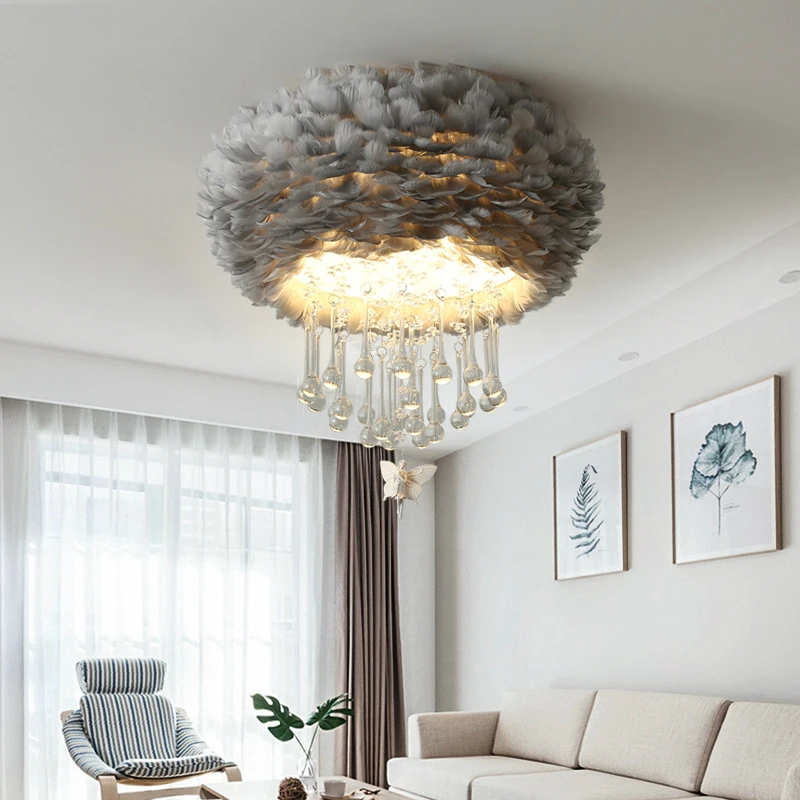 

Nordic White/Gray/Pink LED Ceiling light Crystal fixture Feather Romantic deco lamp Bedroom Children's room restaurant luminaire