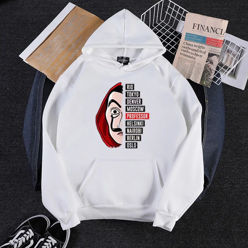 White Забавные мужские толстовки с принтом «money heist», сериал «House Of paper», Harajuku, осенняя толстовка, модная теплая белая одежда в стиле хип-хоп - Цвет: White