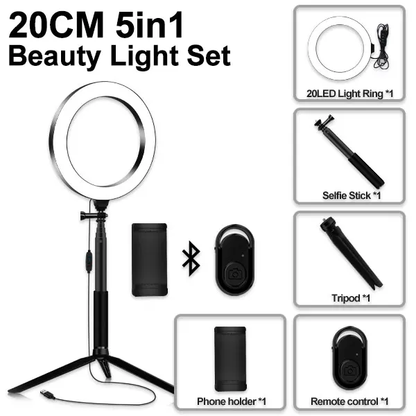 20cm black 5 in 1 Светодиодная кольцевая лампа с регулируемой яркостью для селфи,фотосъемки, Yutube Live Video Makeup.3500 K-5500 K, с штативом, телефонным держателем и USB кабель - Цвет: 20cm black 5 in 1