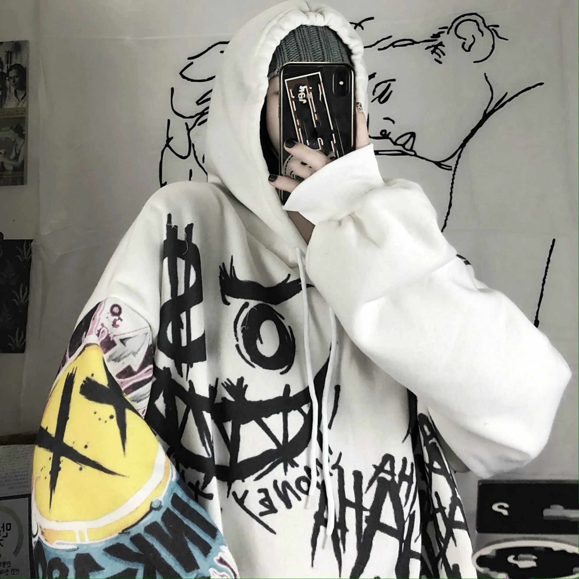 Японский стиль мультфильм Harajuku женские толстовки уличная краска толстый с капюшоном воротник Feamle Кофты с буквенным принтом верхняя одежда