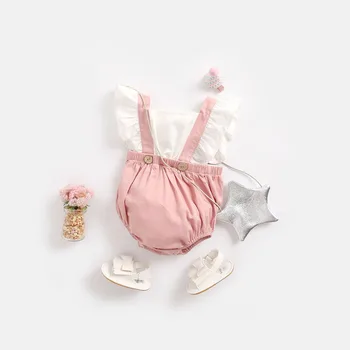 

Infant Baby Girls Flare Sleeve Rompers Pink Fake 2 Piece Design With Bowknote Jumpsuit Newborn Clothes Quality