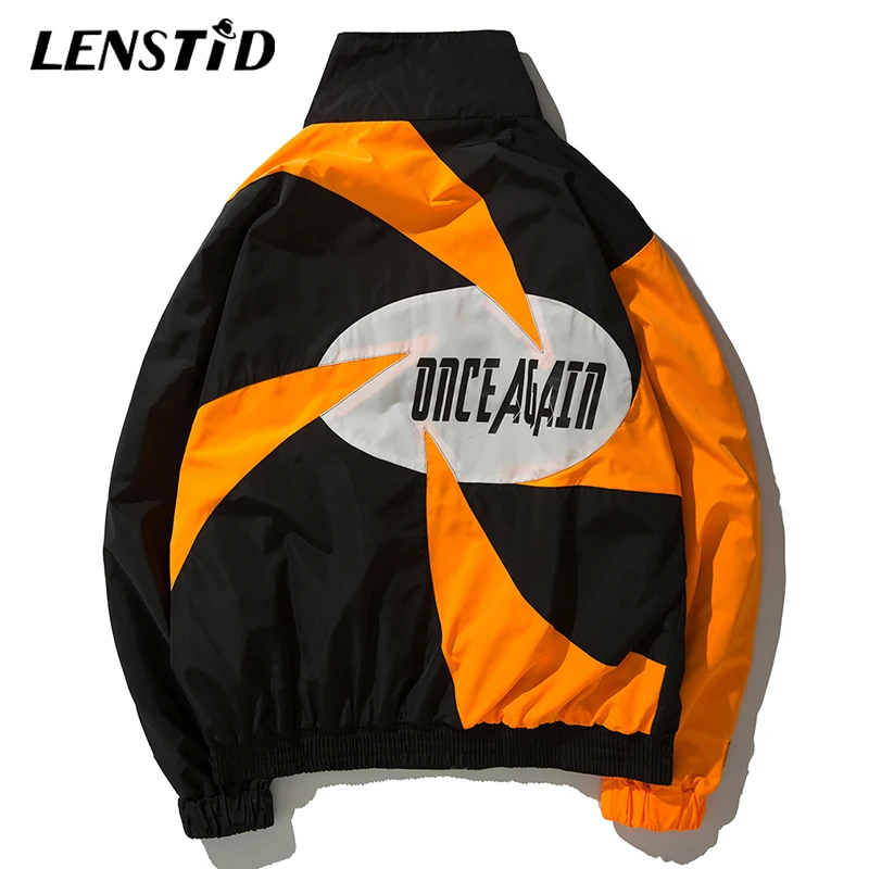 

LENSTID 2019 Autumn Hip Hop Streetwear Windmill Pattern Color Block Jacket Windbreaker Men Casual Fashion Track Jackets Coats