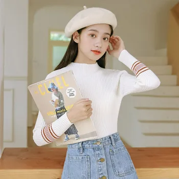 

Autumn Winter Striped Color Women Sweater Sweet Long Sleeve Pullovers Women Turtleneck Knitted Tops Women Jumper Femme Soft CY01