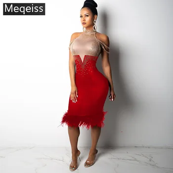 

MEQEISS 2019 New Summer Bandage Dress Women Elegant Red Off Shoulder Sexy Feather Bodycon Club Bead Dress Celebrity Party Dress