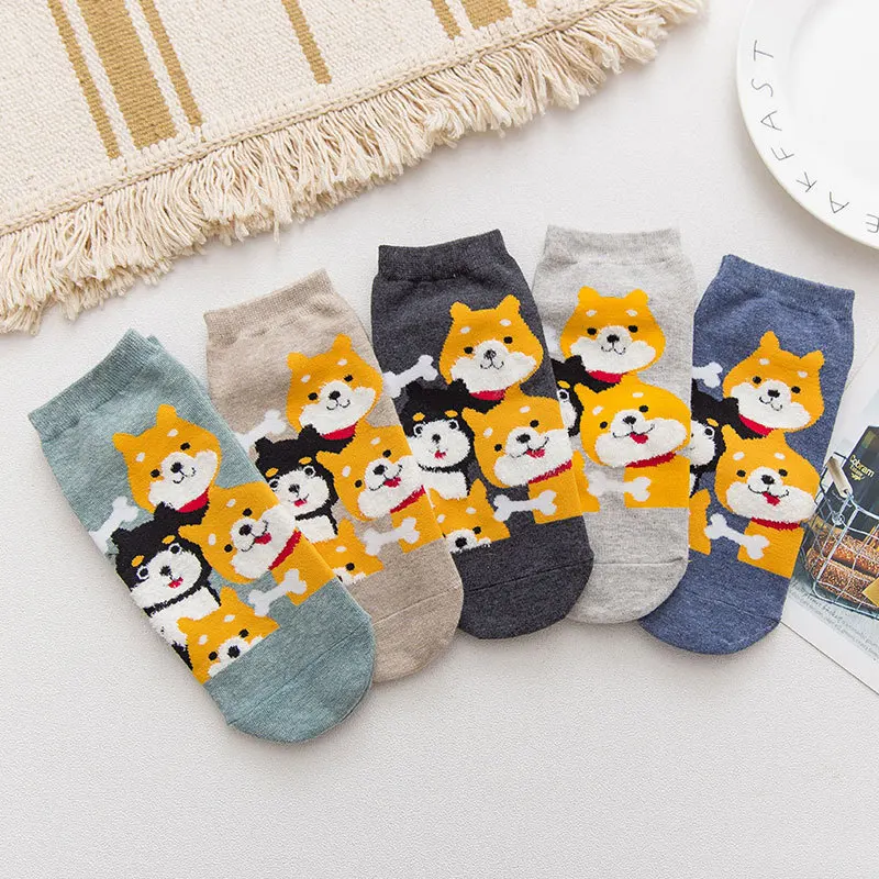 5 пар = 10 шт., осенние женские носки с изображением Шиба, 4 собаки, хлопковые забавные носки с рисунками, Harajuku Kawaii, милые носки, сохраняющие тепло, Симпсон - Цвет: 1