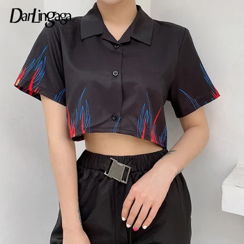 

Darlingaga Streetwear Fire Flame Print Cropped Blosue Women Cardigan 2020 Summer Crop Top Shirt Fashion Women's Blouses Clothes