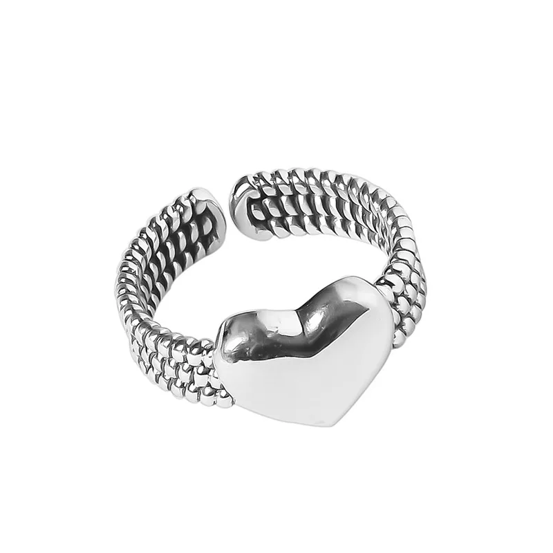Silberner Herzring Für Damen, Retro Ring Mit Geometrischen Formen_voghion.com