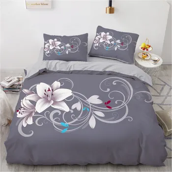 

3D Gray Bedding Set Custom Design Modern Quilt Cover Sets Flower Bed Linen Simple Pillow Slips 200*230cm Full Twin Double Size