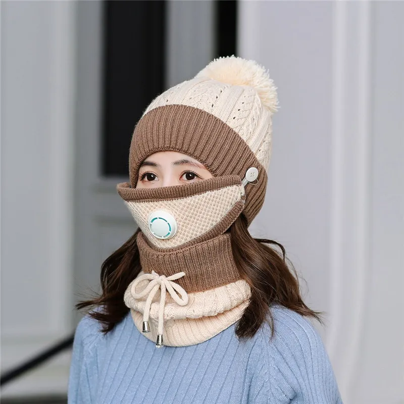 beige Зимний толстый плюшевый кашемир, Теплые маски в виде шляп, шарф, осенняя зимняя женская вязаная шапка, шерстяная шапка с шариковым покрытием, воротник с ушками, три комплекта - Цвет: beige