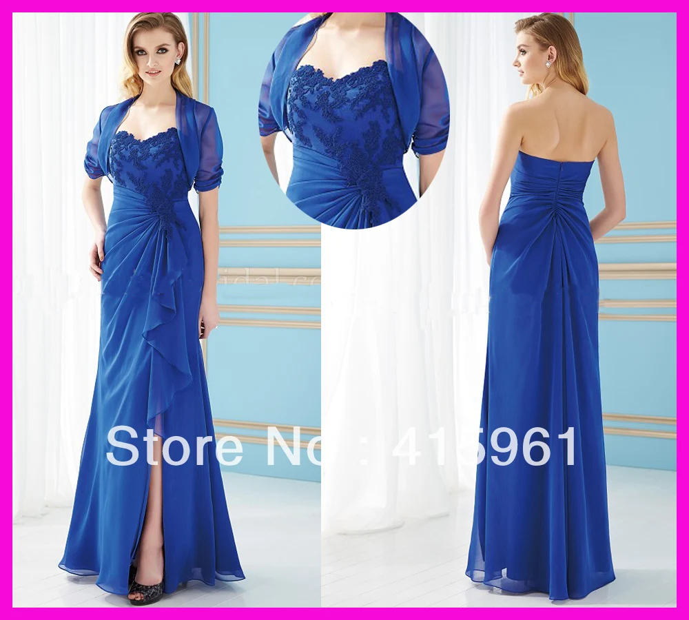 Vestido de madrinha longo винтажные королевские синие кружевные шифоновые с Боковым Разрезом платья для матери невесты на свадьбу с жакетом
