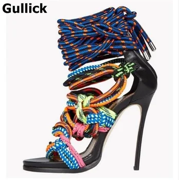 

Colorful Elastic Band Strappy Sandal High Heel Cut-out Summer Dress Shoes Cross Strap Sandal Back Zipper shoes