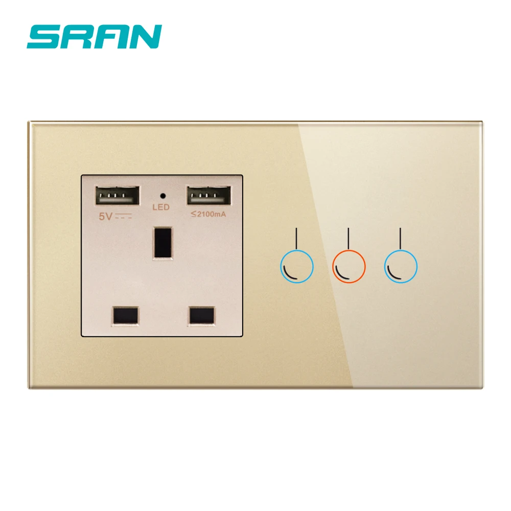 SRAN UK 13A Розетка с usb и переключателем 1 комплект 1 способ сенсорный светильник переключатель стеклянная панель 146*86 мм аксессуары для украшения Умного Дома
