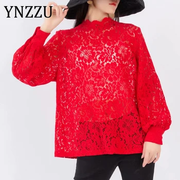 

Sexy Sheer White Lace tops 2020 Spring Summer Turtleneck Female Lantern sleeve Blouse Shirt Loose Casual Red Fashion YNZZU YT833