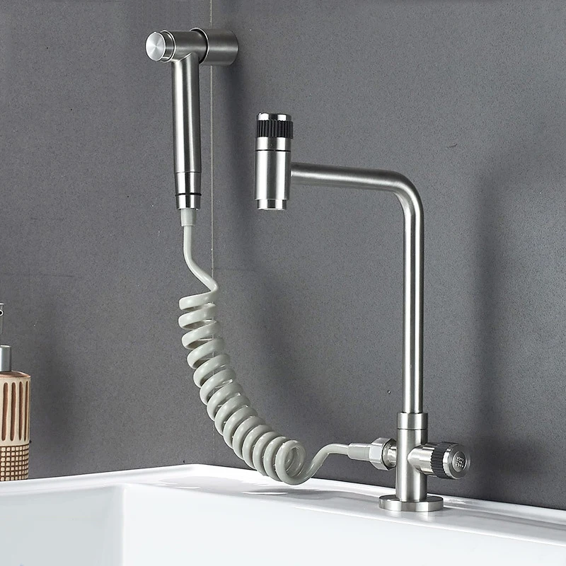 Silver Faucet Set Смеситель для кухни из нержавеющей стали с одним отверстием, кран для умывальника с поворотным носиком на 360 градусов, кран для раковины с распылителем для биде, кран для холодной воды - Цвет: Silver Faucet Set