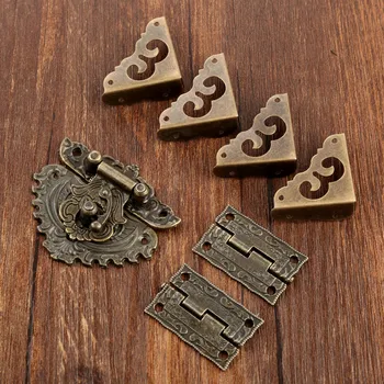 

Antique Box Latch Hasp Toggle Buckle Cabinet Hinges 4Pcs Corner Decorative Protectors for Jewelry Wooden Box Hardware