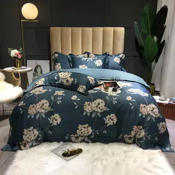 

Chic Shabby Floral Navy Grey Duvet Cover set 600TC Egyptian Cotton Satin Bedding set Bed sheet Pillowcases Queen King size 4pcs