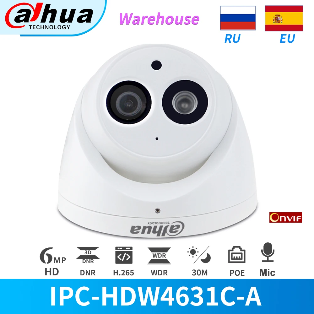 Dahua IP Camera 6MP PoE IR Dome IPC-HDW4631C-A Built-in Mic CCTV Security Video Surveillance Cameras Metal Onvif Multi-Language