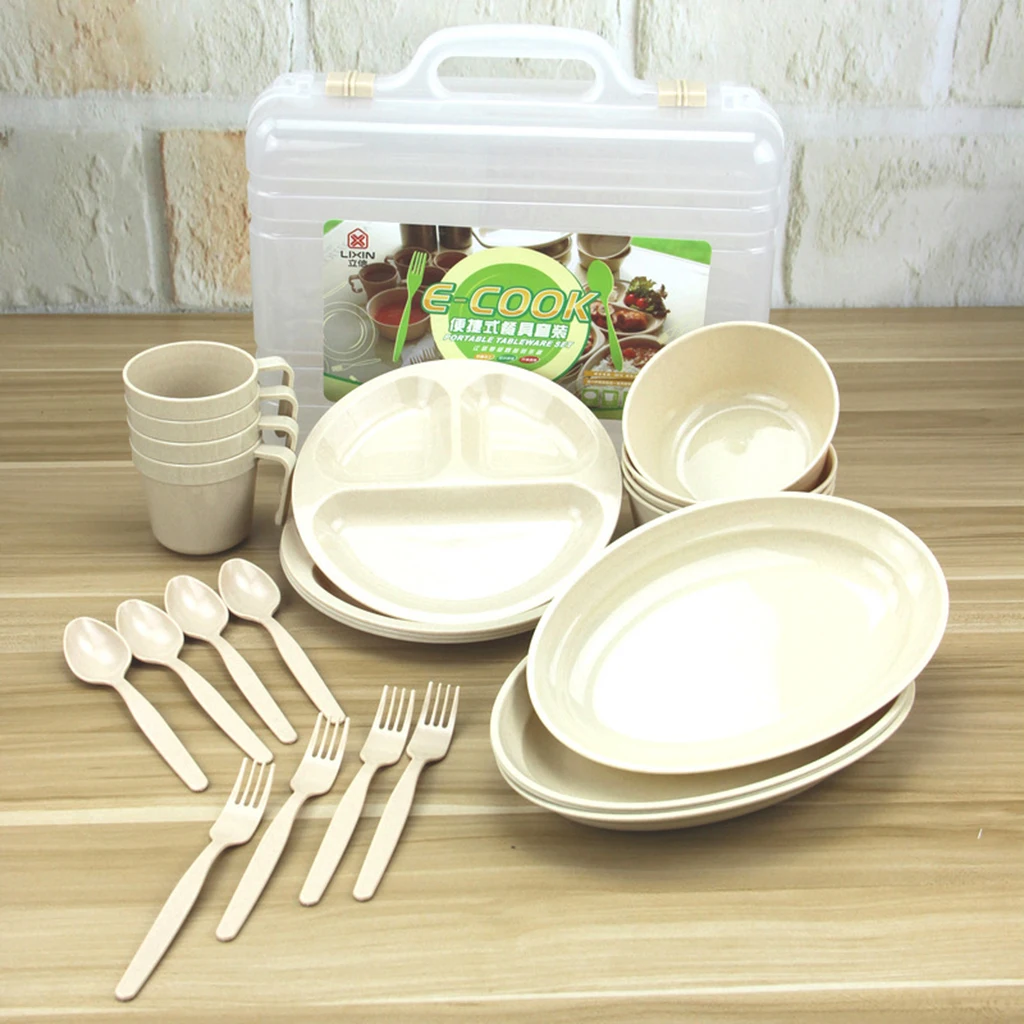 24pcs/Set Picnic Camping Outdoor Plastic Reusable Tableware Dishes Kit