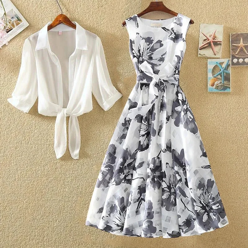 Vestido de gasa de estilo coreano para mujer, traje de dos piezas con estampado retro a la moda, novedad de verano de 2021