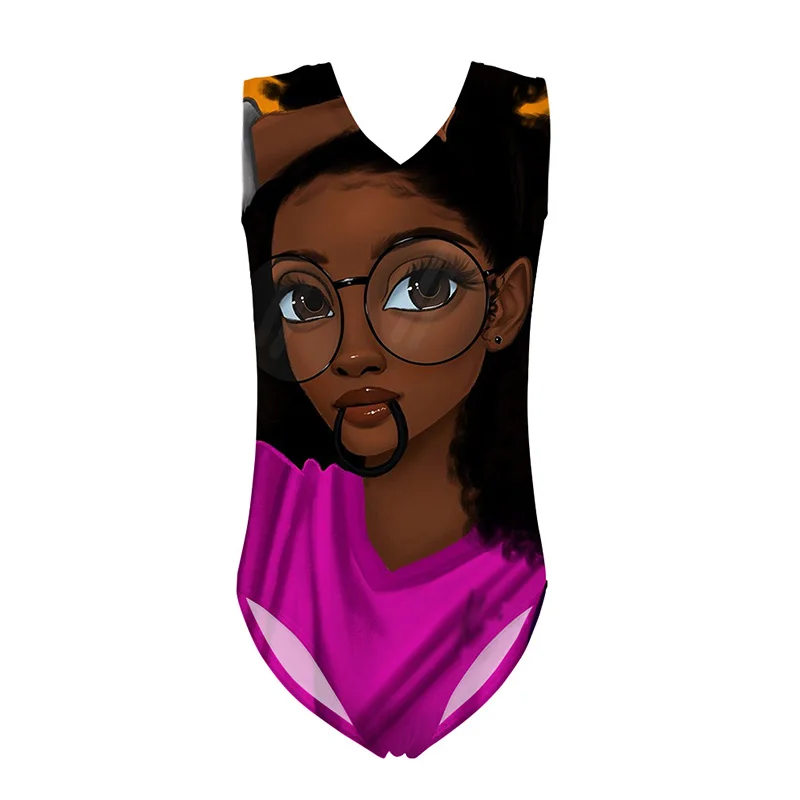 

HYCOOL Lovely African Black Girl Tie Hair Pattern Swimwear Teen Kids One Piece Swimsuit Junior Girls Bathing Swimming Suits