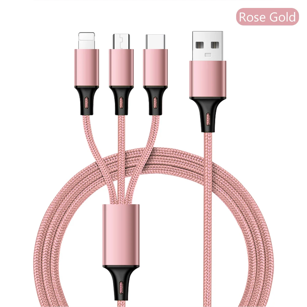 Универсальное зарядное устройство 3 в 1, кабель для зарядки и зарядки, кабель type C Micro USB для освещения IPhone, IPad, IPod для смартфонов, планшетов - Цвет: Rose Gold
