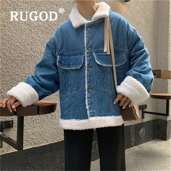 

RUGOD Autumn Winter New Style Chic Plus Velvet Demin Jacket Turndown Collar Thicken Loose Fashion 2019 Kpop Clothes