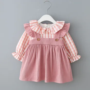 

New Autumn Warm Fleece Fake Two Piece Baby Girl Children Princess Cute Lattice Fashionable Corduroy Pleated Dress