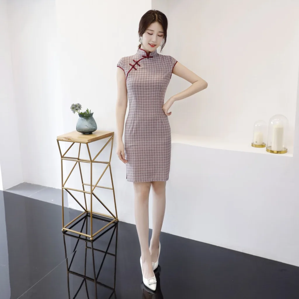 

The Republic of China-Style Cotton Linen Plaid Improved Cheongsam GIRL'S Short Summer 2019 New Style Slim Fit Slimming Cheongsam