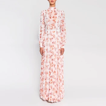 

Gedivoen Elegant Ladies Party Dress Women Long Sleeve Patchwork Lace Floral Print A-Line Dress Fashion Runway Lady Dresses