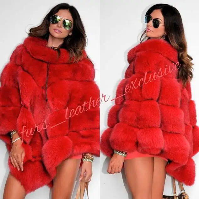 RF1891 red Fandy lokar Настоящее пончо с мехом лисы Женское зимнее плотное меховое пальто Настоящая Серебряная лисица Меховая куртка верхняя одежда женская дамская модная меховая куртка - Цвет: RF1891 red
