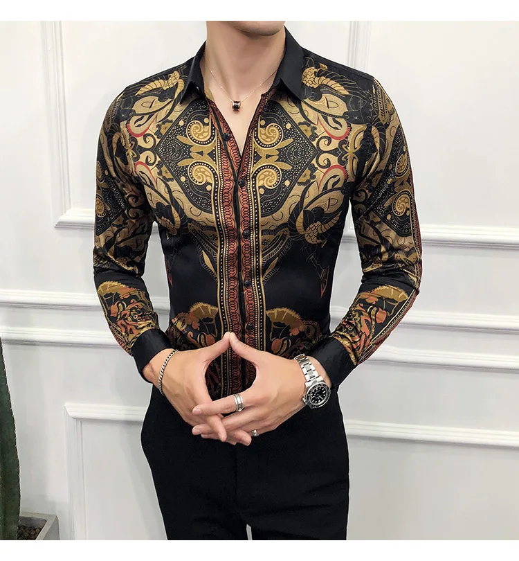 Роскошная Черная Золотая рубашка мужская Новая тонкая с длинным рукавом Нижняя рубашка мужская индивидуальность модная мужская рубашка с принтом Повседневная