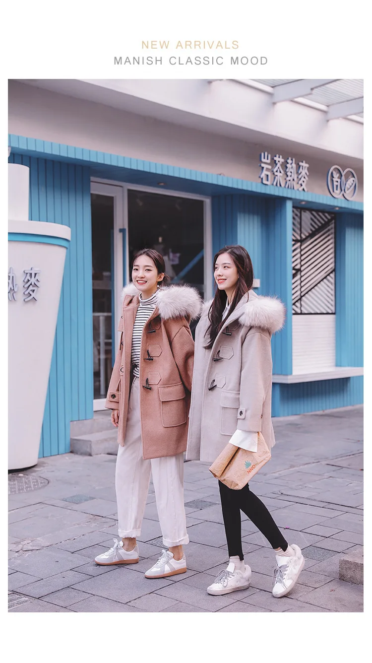 ACZ Toggle средней длины Duffle Coat 19 зимний Корейский стиль женский свободный крой с капюшоном Nagymaros воротник клип хлопок толстый шерстяной J