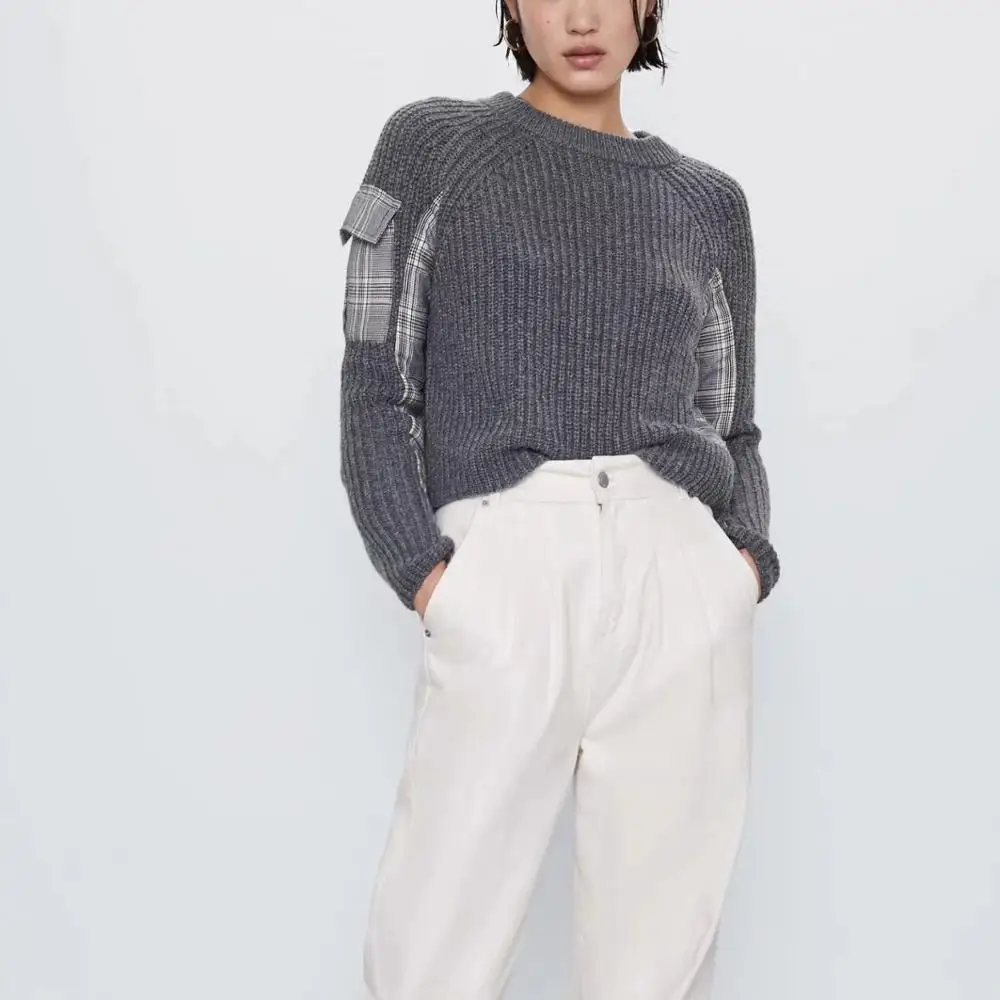 ZA women autumn winter tops knitted Stitching raglan sleeve plaid pocket sweater pullover chic pull female woman clothes jumper | Женская