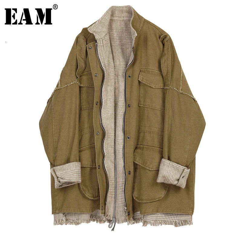 

[EAM] Loose Fit Woolen Split Plaid Big Size Jacket New Stand Collar Long Sleeve Women Coat Fashion Tide Autumn Winter 2020 1K575