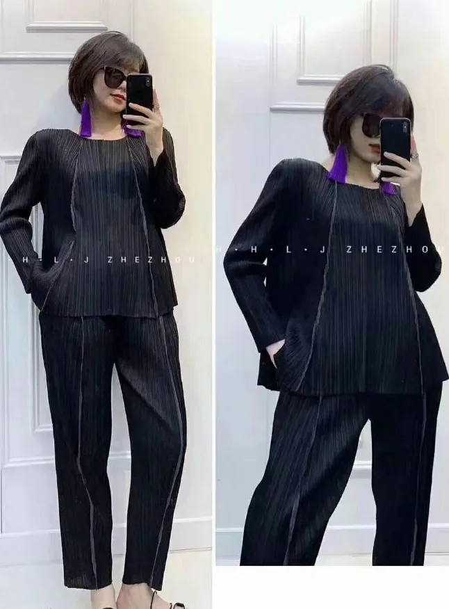 Miyake fashion suit fold o-neck long sleeve T-shirt+ nine points Harem pants two-piece outfit IN STOCK