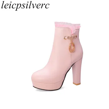 

Women Boots Spring Autumn Super High Heel Round Toe Pu Zip Ankle Crystal Metal Decoration Platform 2019 New Sexy Fashion Black