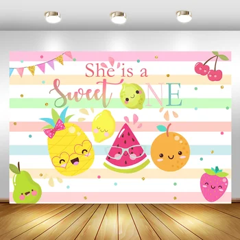 

She is a Sweet One Backdrop Summer Fruit Birthday Party Background For Photography Watermelon Pineapple Stripes Decor Banner