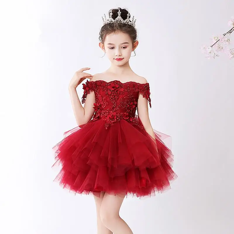 Short Dress Роскошное платье для девочек; Детские платья со съемным длинным шлейфом; бальное платье принцессы с цветочным рисунком для свадьбы; Детские вечерние платья - Цвет: Short Dress