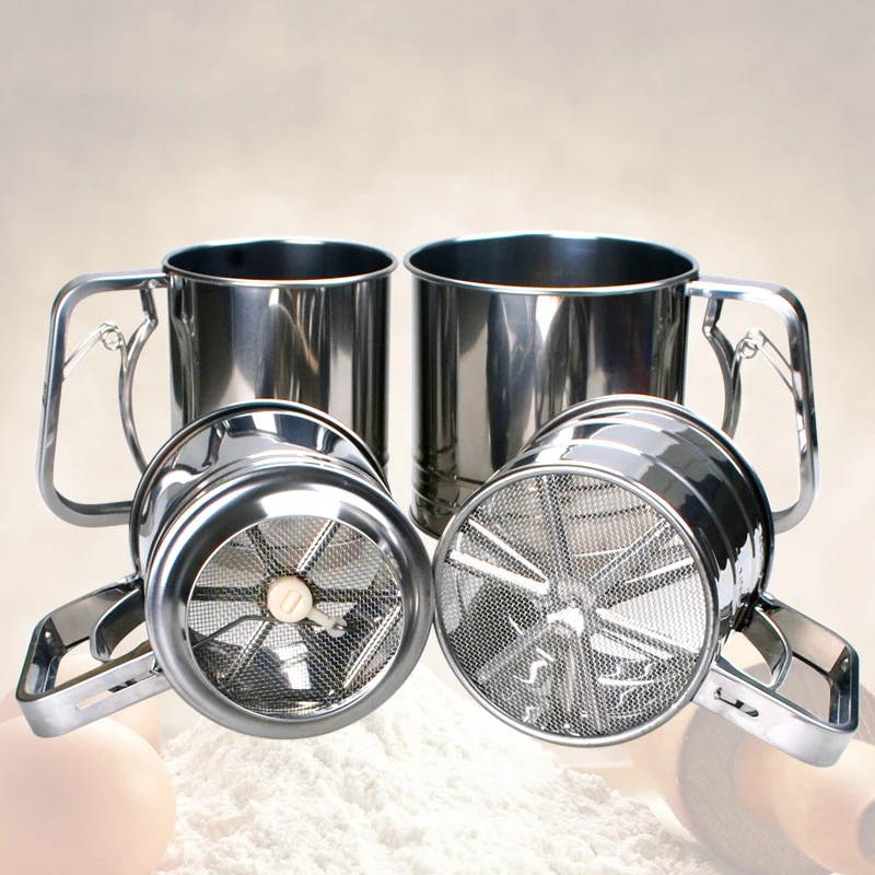 Stainless Steel Shaker Sieve Cup Mesh Crank Flour Sifter With Measuring Scale For Flour Icing Sugar