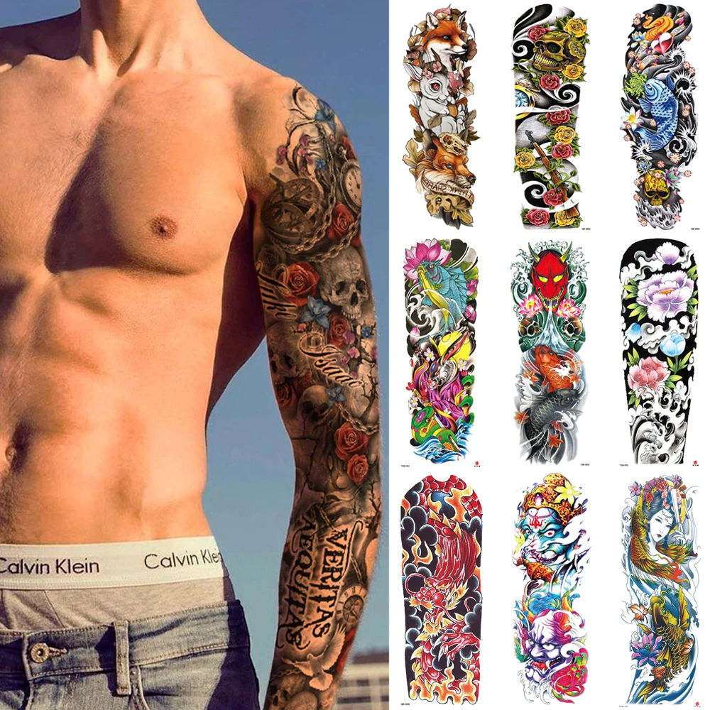 Men Tattoo Stickers For Full Arm Flower Dragon Skull Watercolor Waterproof Temporary Tattoo Large Fake Sleeve Tattoo Temporary Tattoos Aliexpress