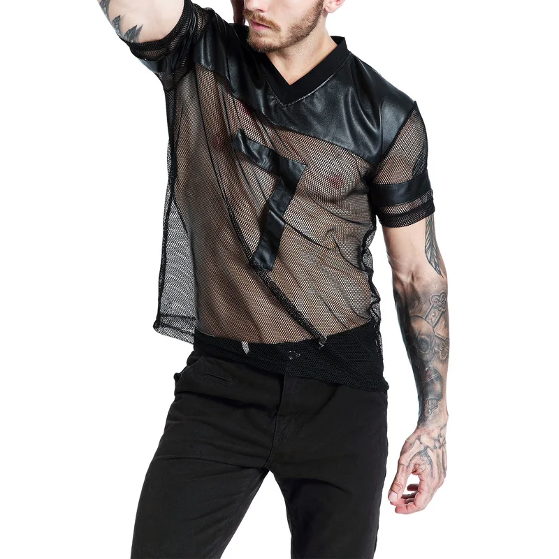 

Men Undershirt Sheer Mesh PU Leather Patchwork T-shirts Breathable Gym Sports Jogging Shirts Male Wetlook Erotic Club Wear Tops