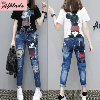 

2020 Women New Summer Casual Two-piece Set Women Fashion Cartoon Pattern Print T-Shirt Tops + Hole Denim Pants Two-Piece Set