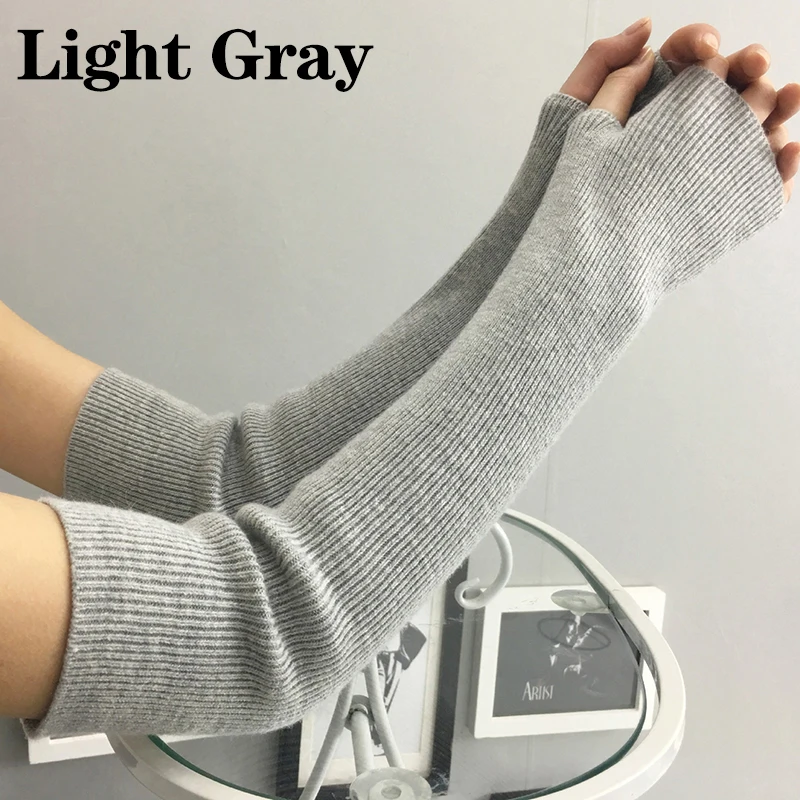 Light Gray Женские кашемировые перчатки с длинным рукавом, защита от локтя, шерстяные вязаные толстые митенки без пальцев, зимние мягкие гетры для рук, длина 45 см - Цвет: Light Gray