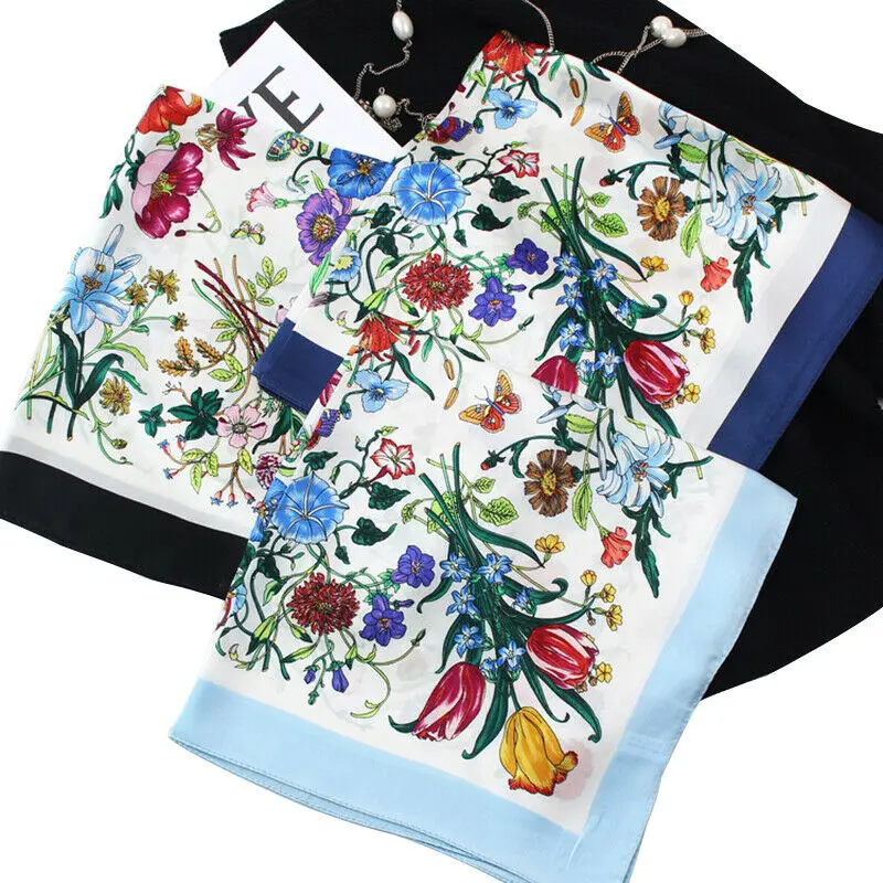 

100% шелковый шарф, блестящая бандана, женский модный шейный платок в стиле бохо с цветочным принтом, повязка на голову для девушек, тюрбан, подарок 53*53 см