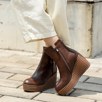 

2020 New Women Boots Winter Zip Genuine Leather Women Shoes Round Toe Wedges Botas Mujer Handmade Concise Ankle Platform Boots