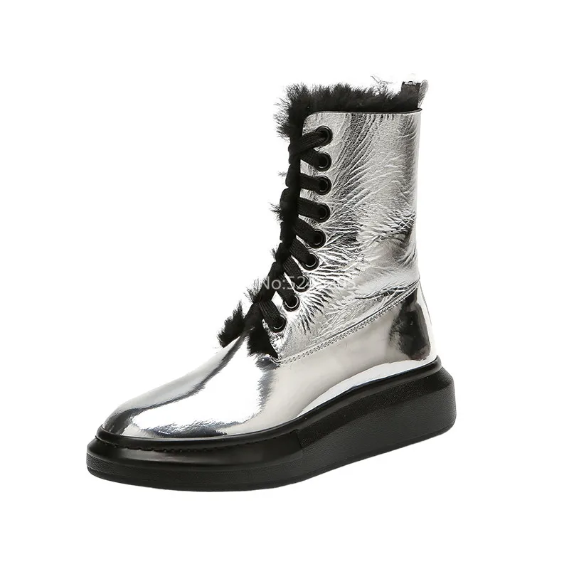 Silver Fashion Women Boots Lace Up Round Toe Fashion waterproof Patent Leather Women Shoes Platform Fur Ankle Boots